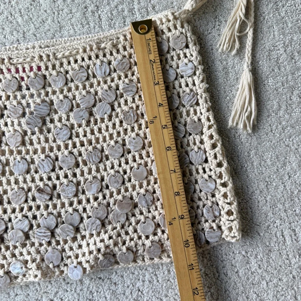 Edikted Alora Iridescent Crochet Mini Skirt Womens Size S Beige Sequin Boho Tie - Picture 10 of 10